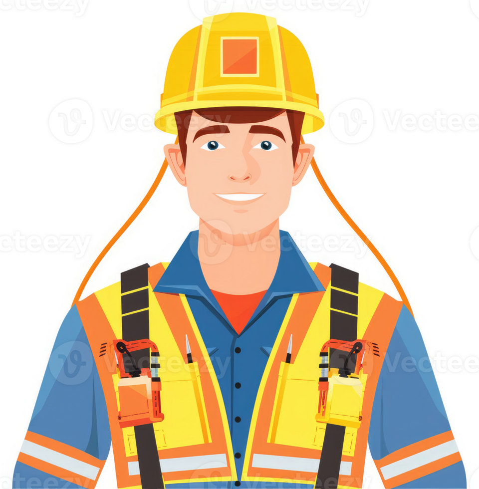 A smiling construction worker in a safety vest and hard hat. png