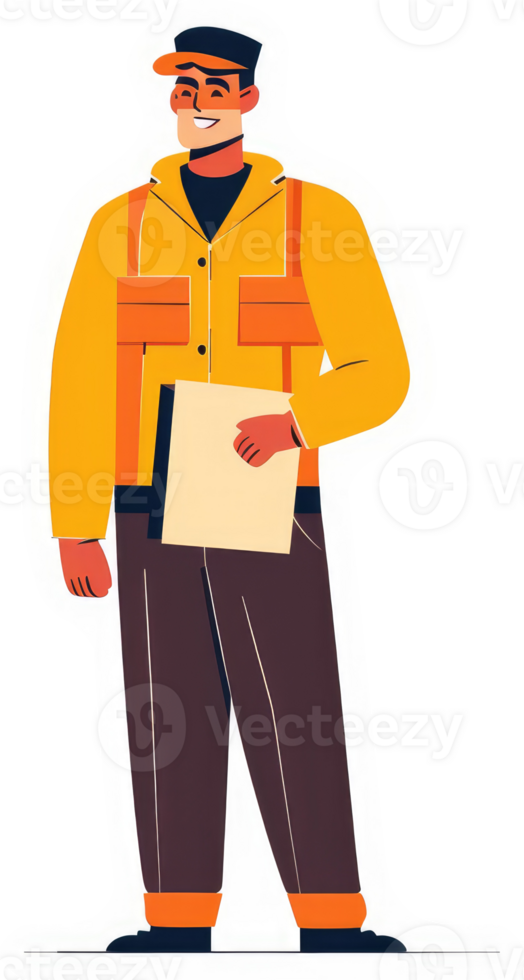 A cheerful worker in vibrant yellow and orange uniform. png