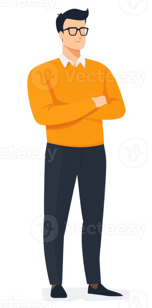 A confident man in an orange sweater and dark pants. png