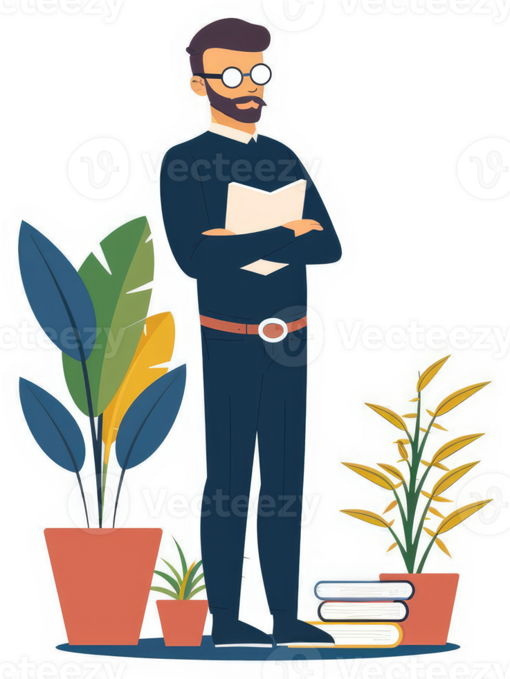 A confident man with a book, surrounded by plants and books. png