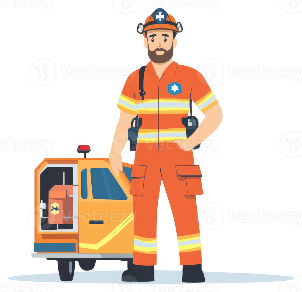 A paramedic in protective gear stands beside an emergency vehicle. png