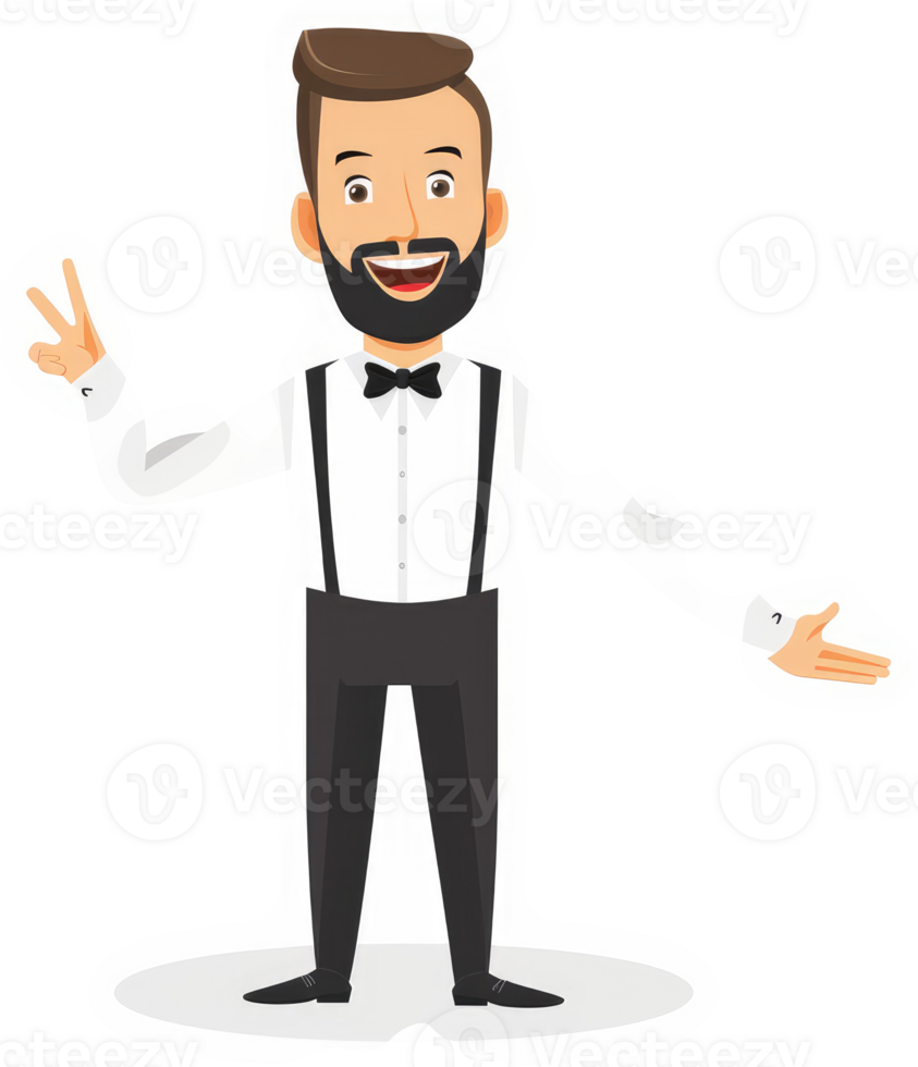 A friendly, welcoming cartoon man in a formal outfit, gesturing with a welcoming attitude. png