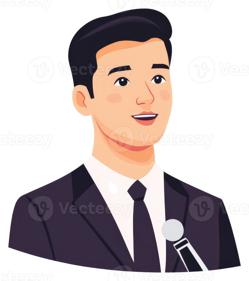 A cartoon illustration of a man in a suit speaking into a microphone. png