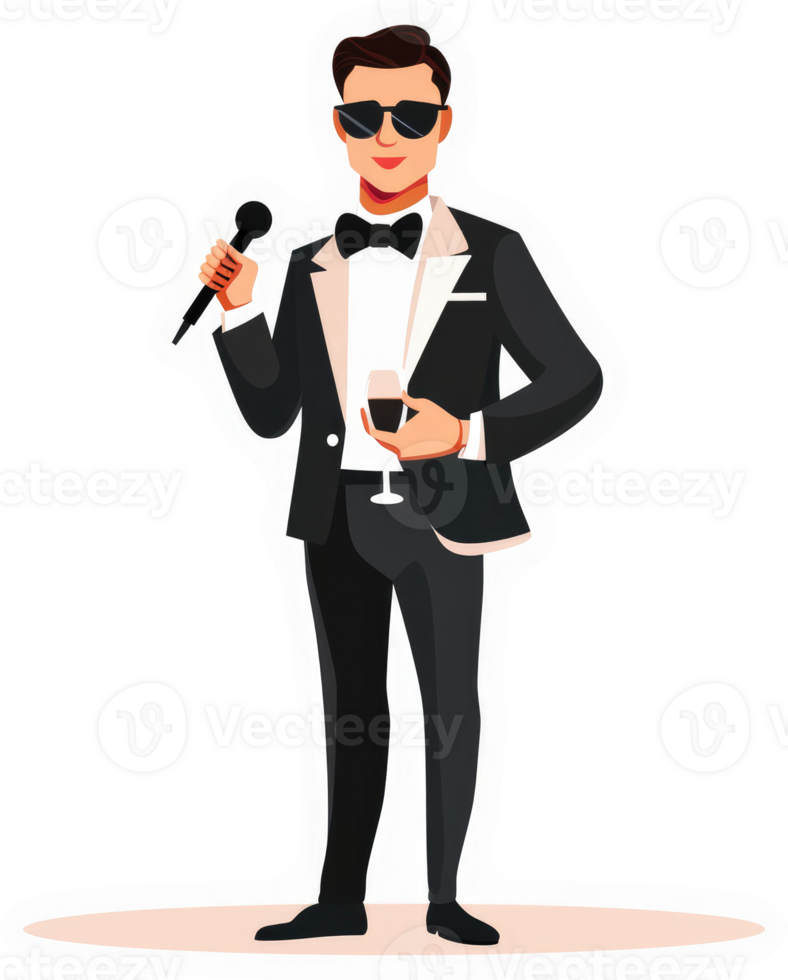 A stylish man in a tuxedo holding a microphone and wine glass. png