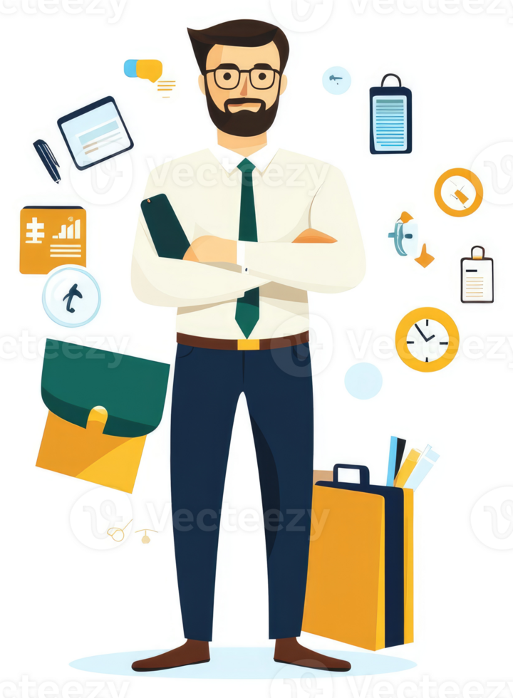 A busy business professional, prepared for a productive day, stands ready with his files and supplies. png