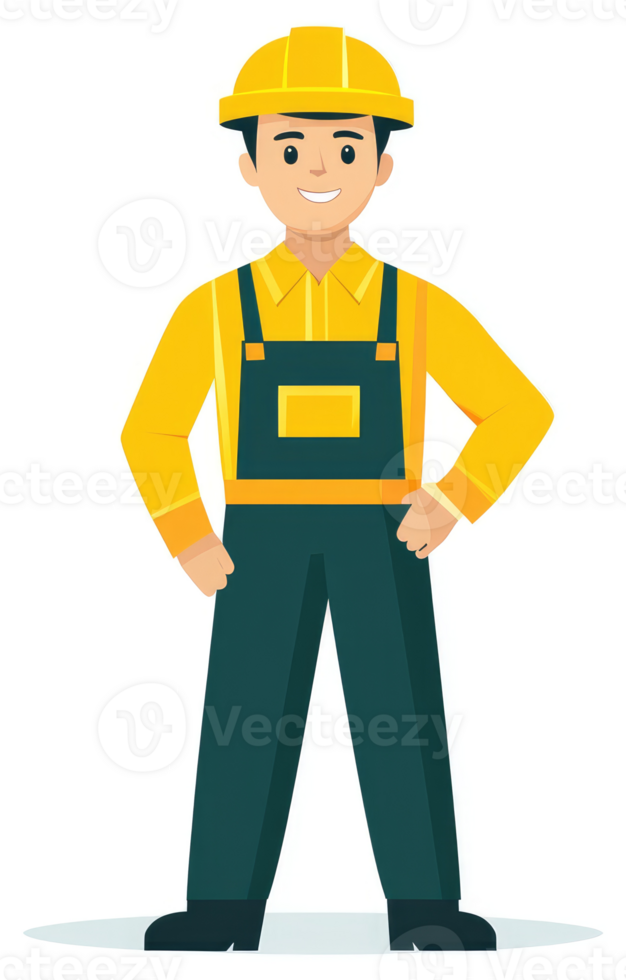 A smiling worker in yellow safety gear and dark pants. png