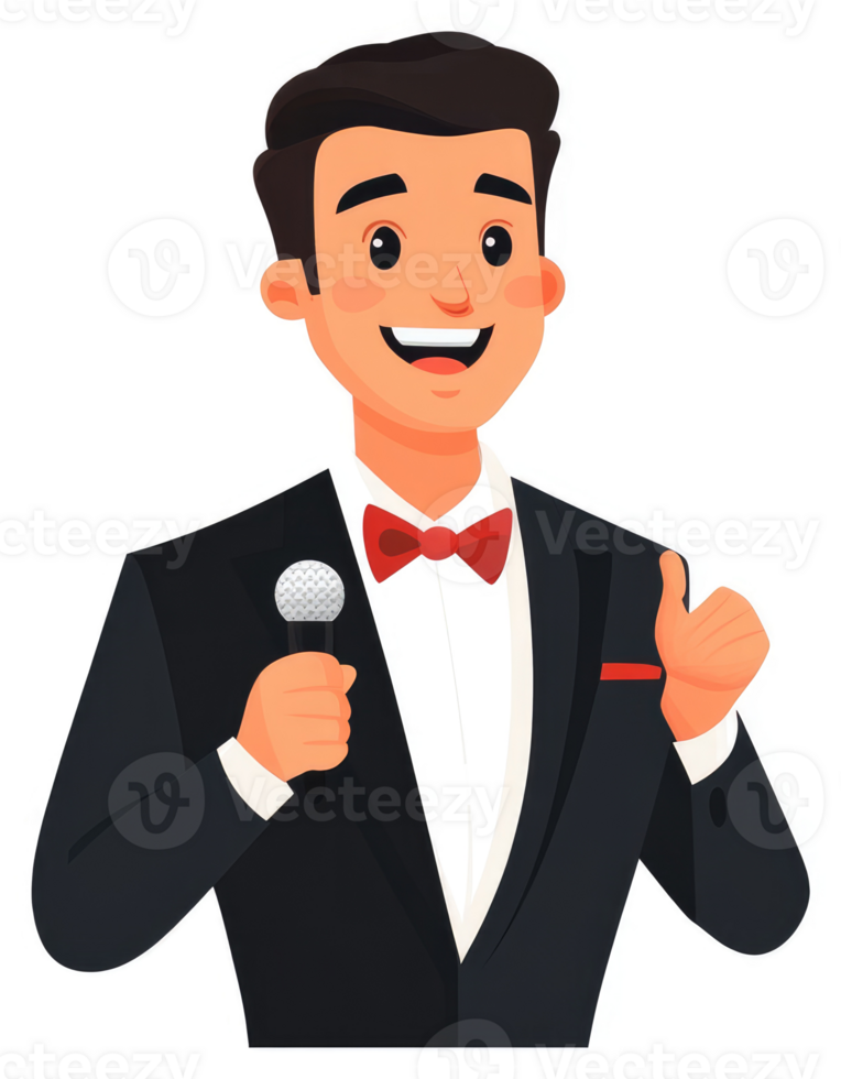 A jovial man in a tuxedo holds a microphone and gives a thumbs-up. png