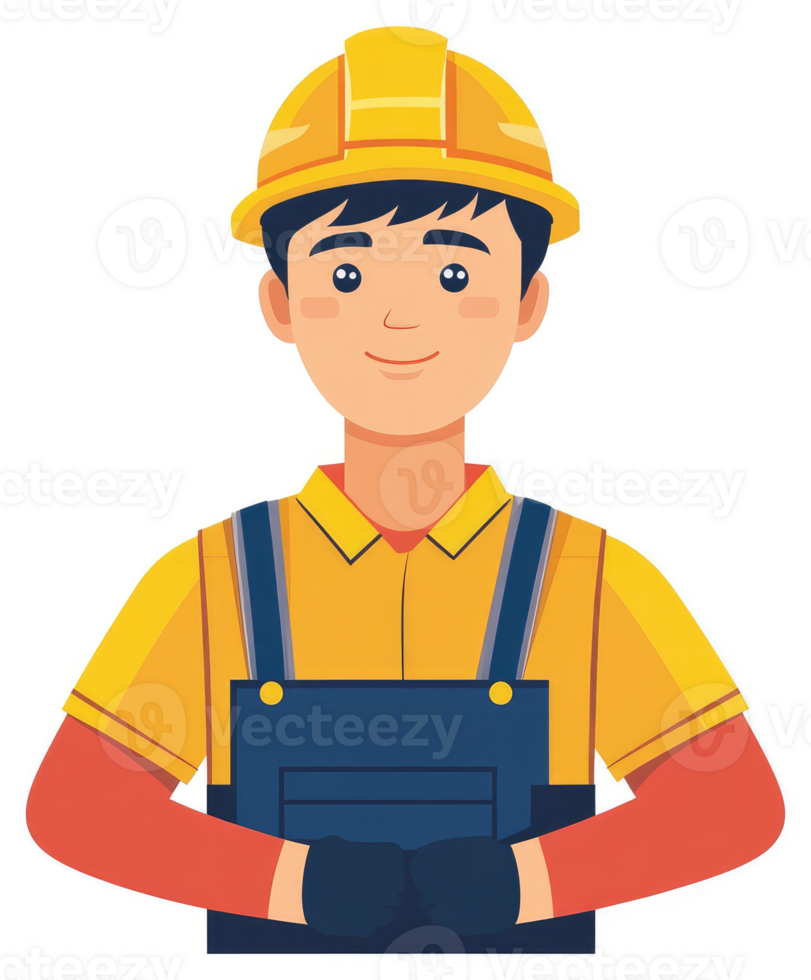 A cheerful worker in a yellow hard hat and coveralls. png