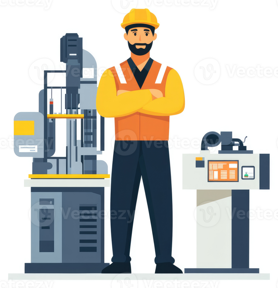 A skilled technician stands beside advanced machinery in a modern factory. png