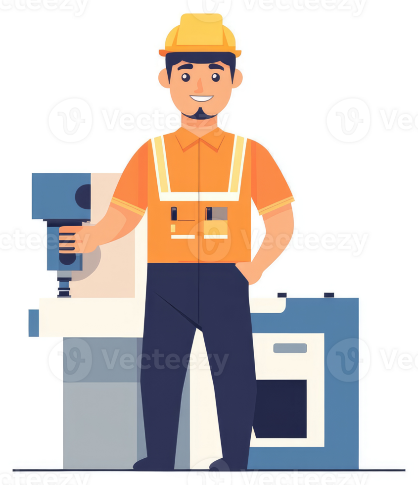 A worker in safety gear stands next to machinery. png