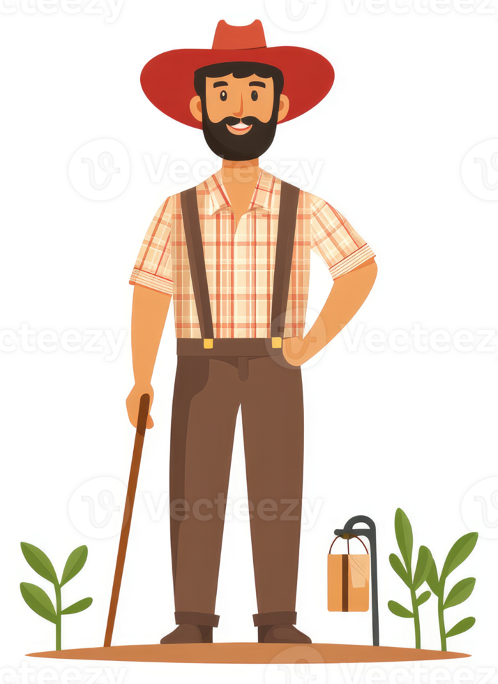 A farmer with a walking stick stands near a package. png