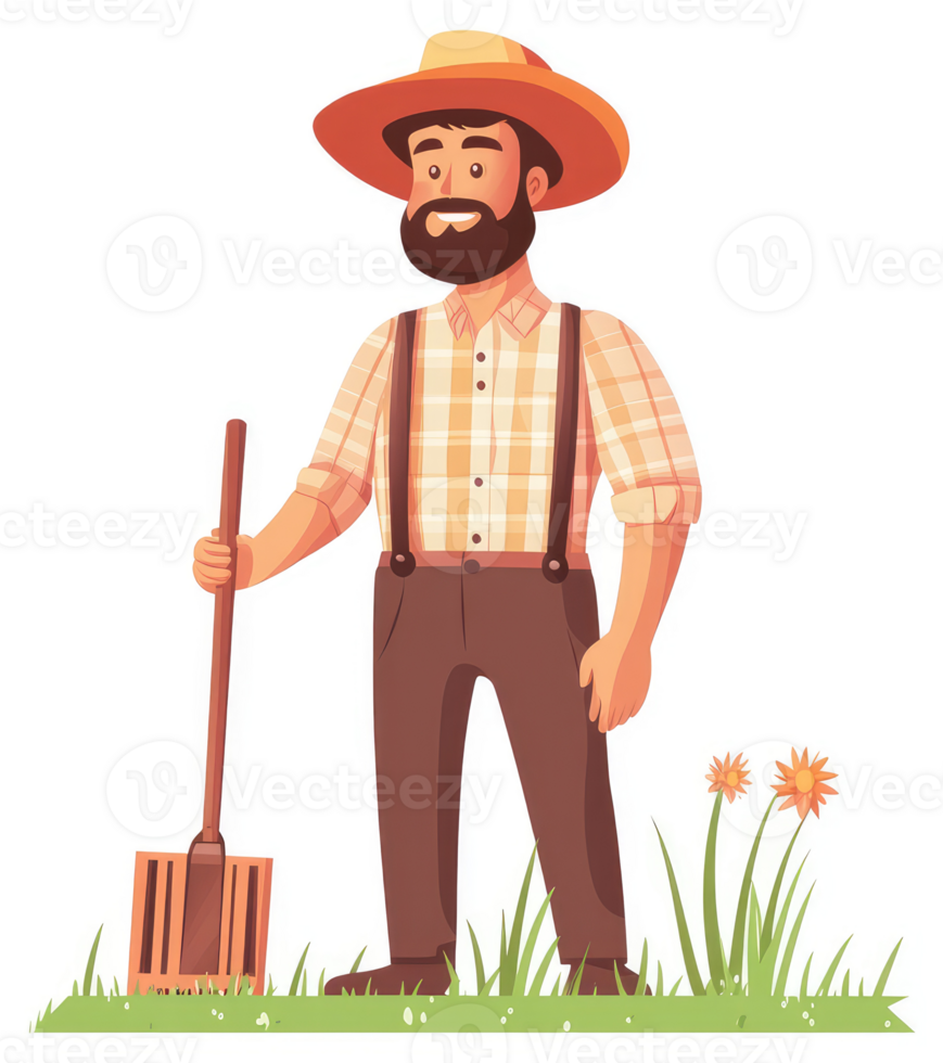 A jovial farmer with a straw hat and a tool, tending to his verdant land. png