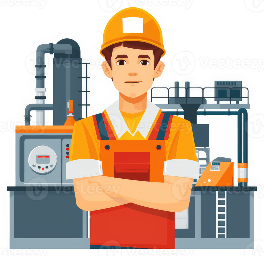 A confident industrial worker stands before complex machinery. png