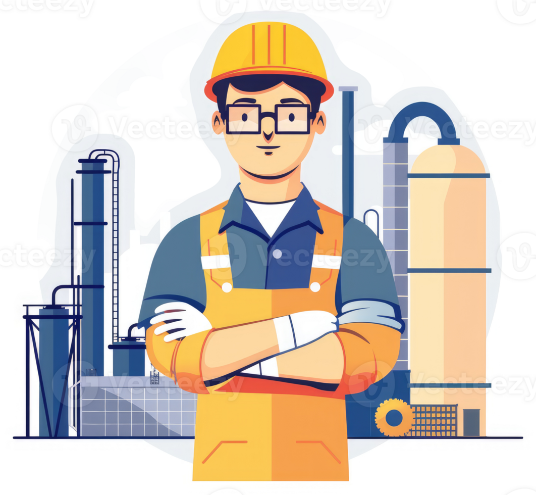 A confident industrial worker stands guard over a refinery. png
