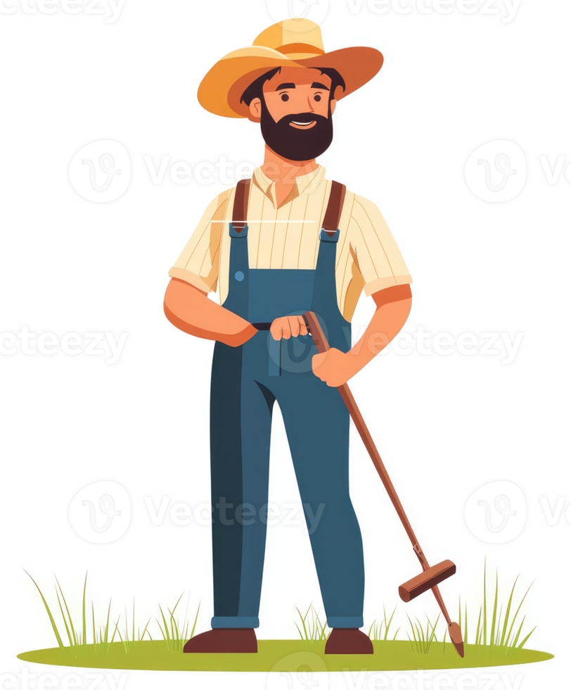 A smiling farmer in overalls stands in a grassy field with a tool. png