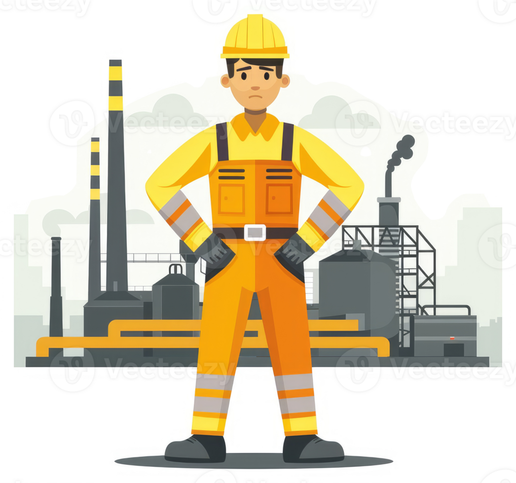 Industrial worker in protective uniform stands guard at a factory complex. png