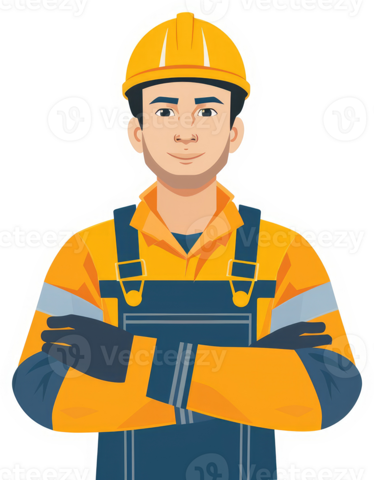 A confident worker in bright safety uniform and hard hat. png