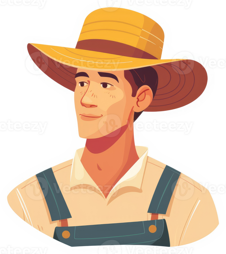 A smiling farmer in a straw hat and overalls. png