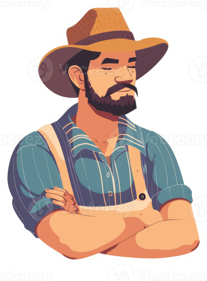 A contemplative farmer in a straw hat, arms crossed. png