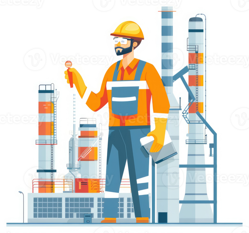 A skilled worker conducting an inspection at an oil refinery. png