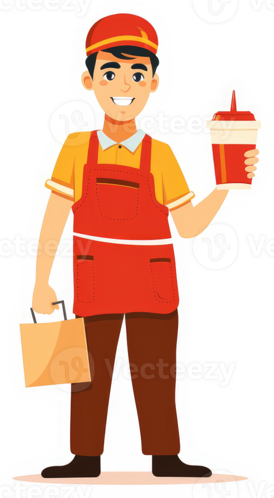 A friendly food service worker carrying a takeout bag and beverage. png