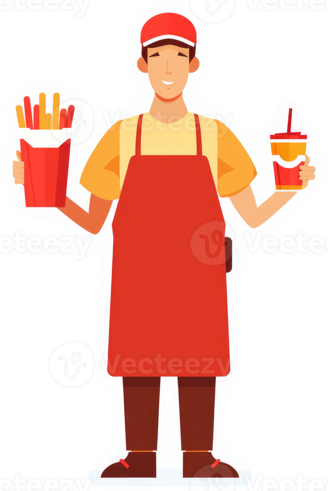A friendly food service worker holding french fries and a drink. png