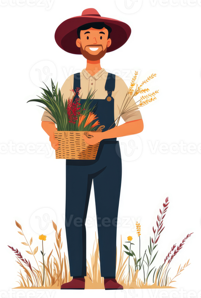 A cheerful farmer stands amidst a harvest of colorful plants and grains. png
