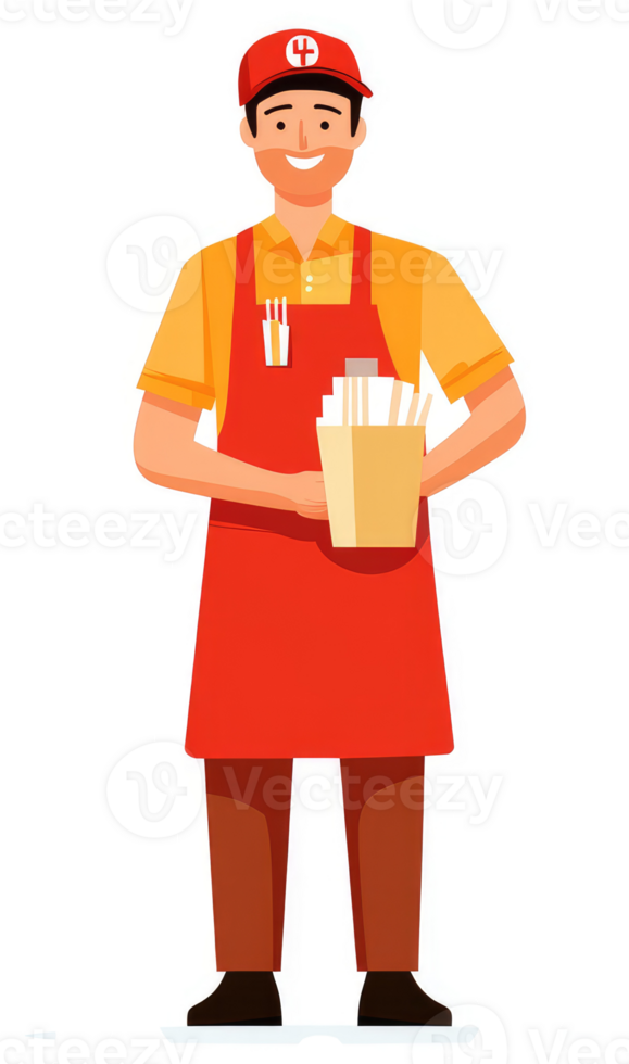 A smiling food service worker holding a takeout container. png