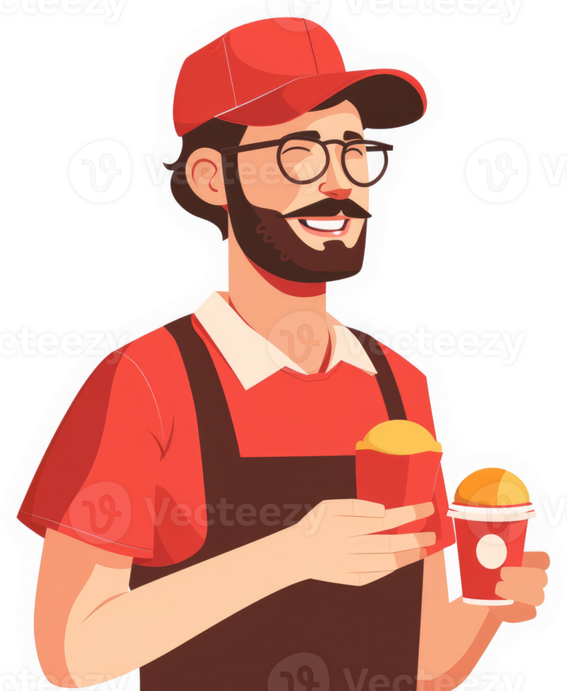 A happy food service worker holding takeout food and drink. png