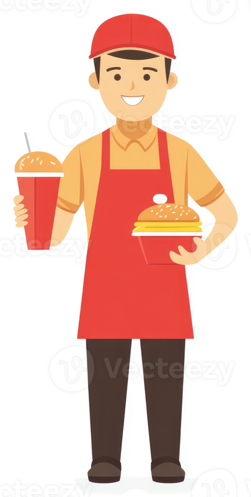 A smiling food service worker holding a burger and soda. png