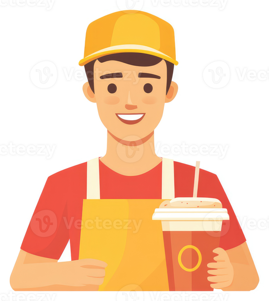 A friendly cafe worker holding a beverage. png