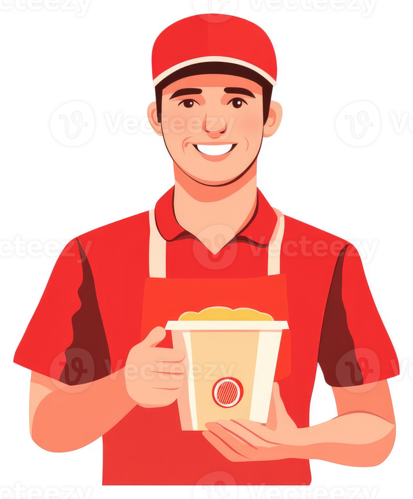 A smiling food service worker in a red uniform holds a takeout container. png