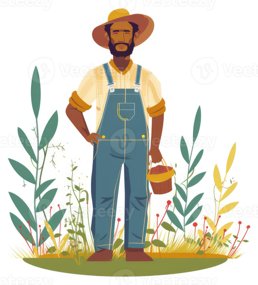A proud black farmer stands amidst a flourishing garden, holding a harvest basket. png