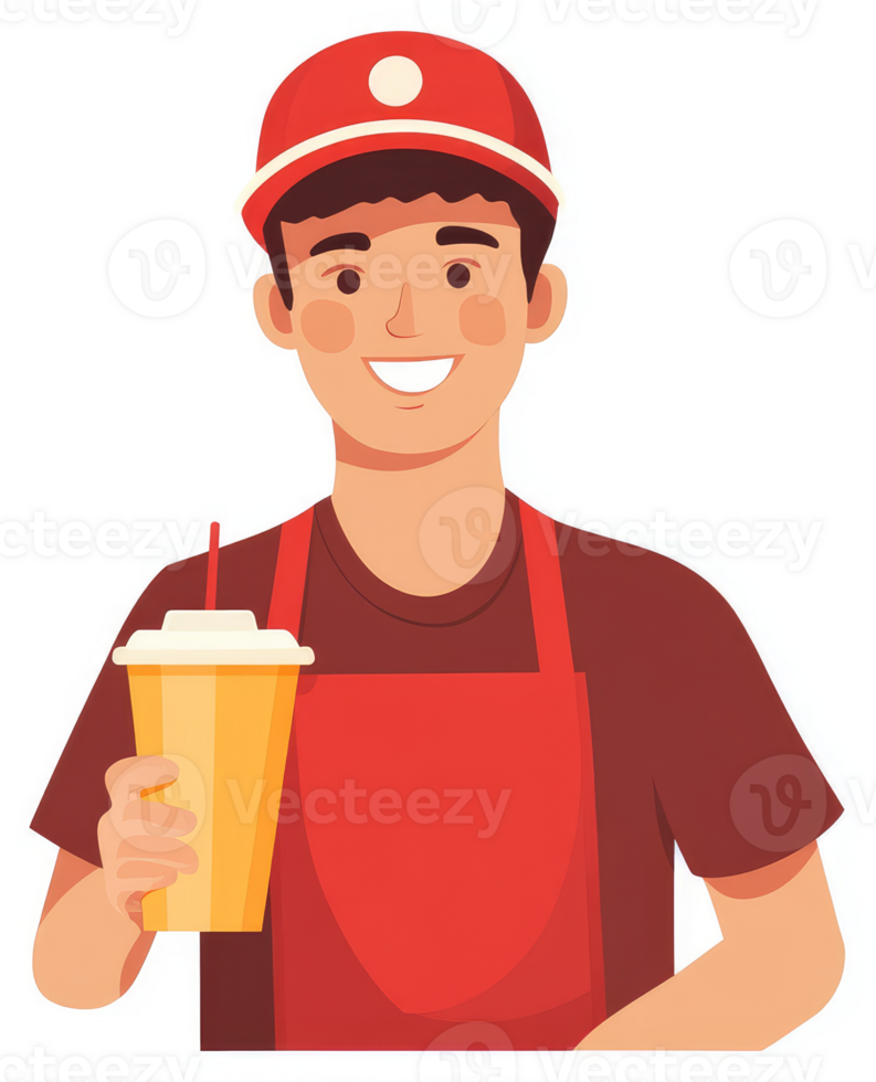 Friendly employee holding a beverage in a red apron. png