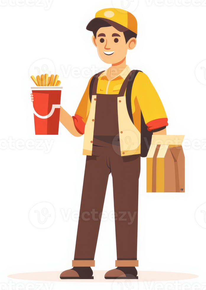 A food delivery person carrying french fries and a package. png
