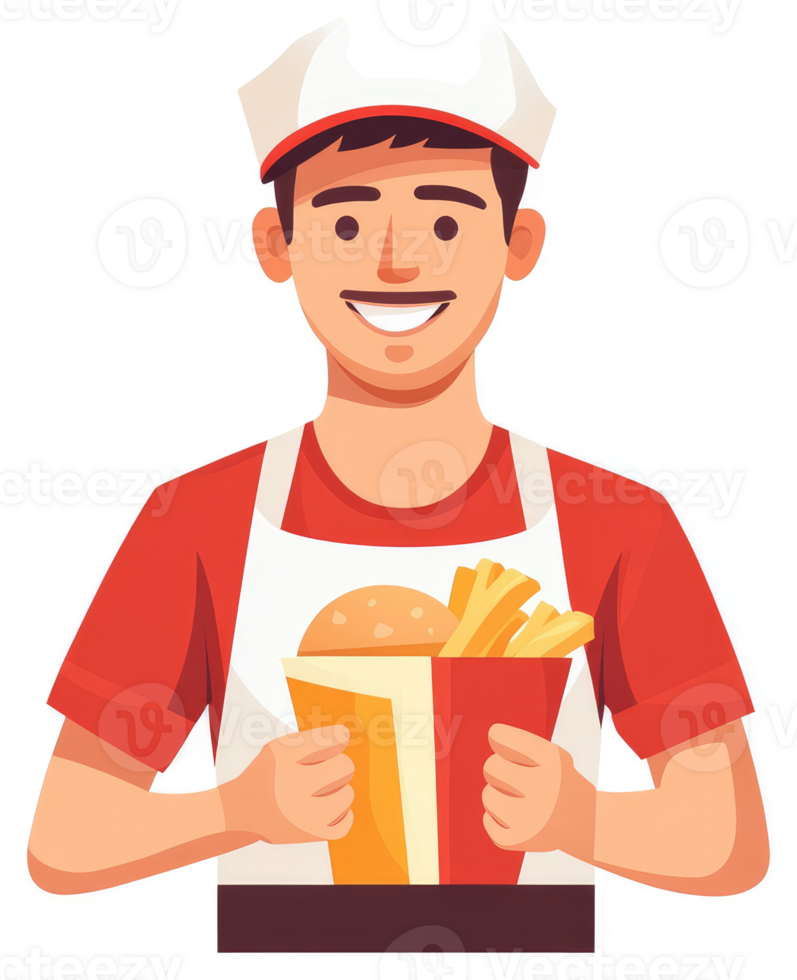 A smiling food service worker holding a burger and fries. png