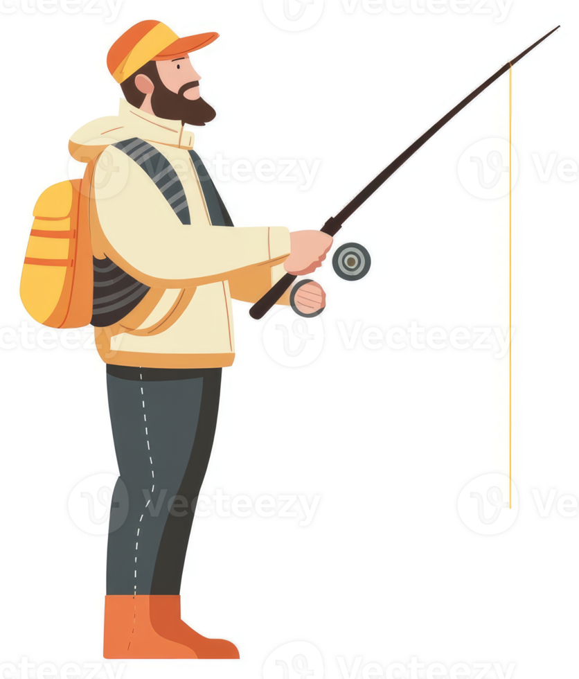 A bearded man with a backpack, fishing. png