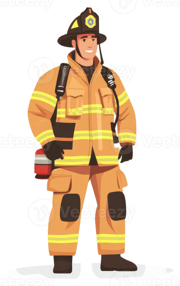 A smiling firefighter in protective gear, ready for action. png