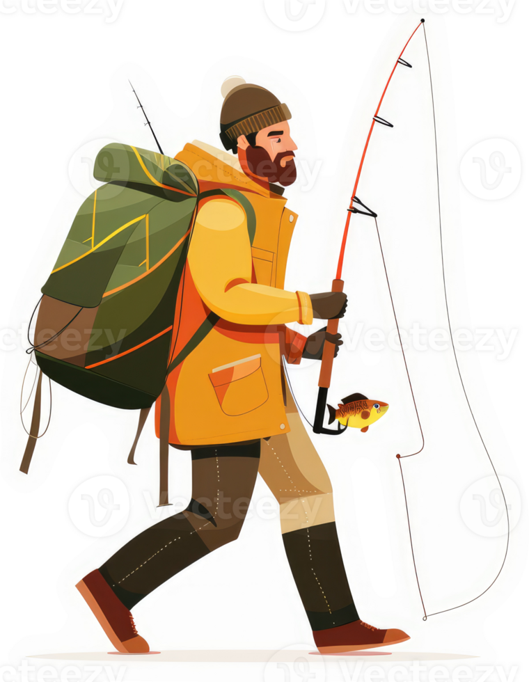 A bearded man with a backpack and fishing rod, ready for an outdoor adventure. png