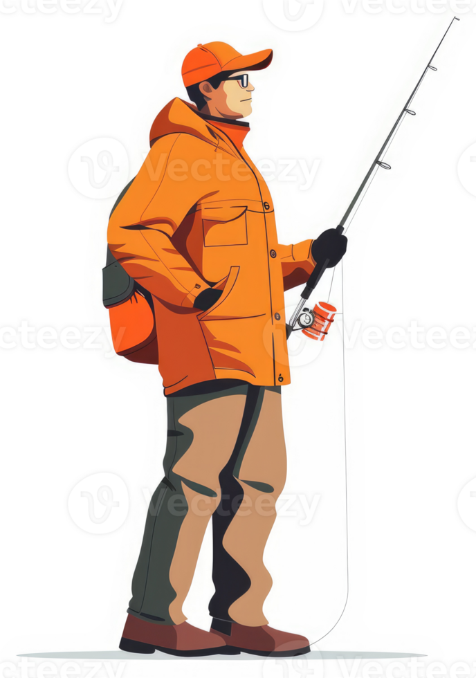 A man in protective gear fishing in cold weather. png