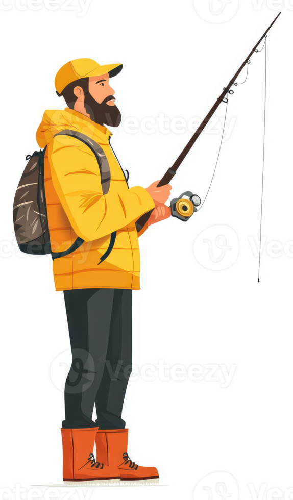 A man in a bright yellow jacket is fishing with a rod. png