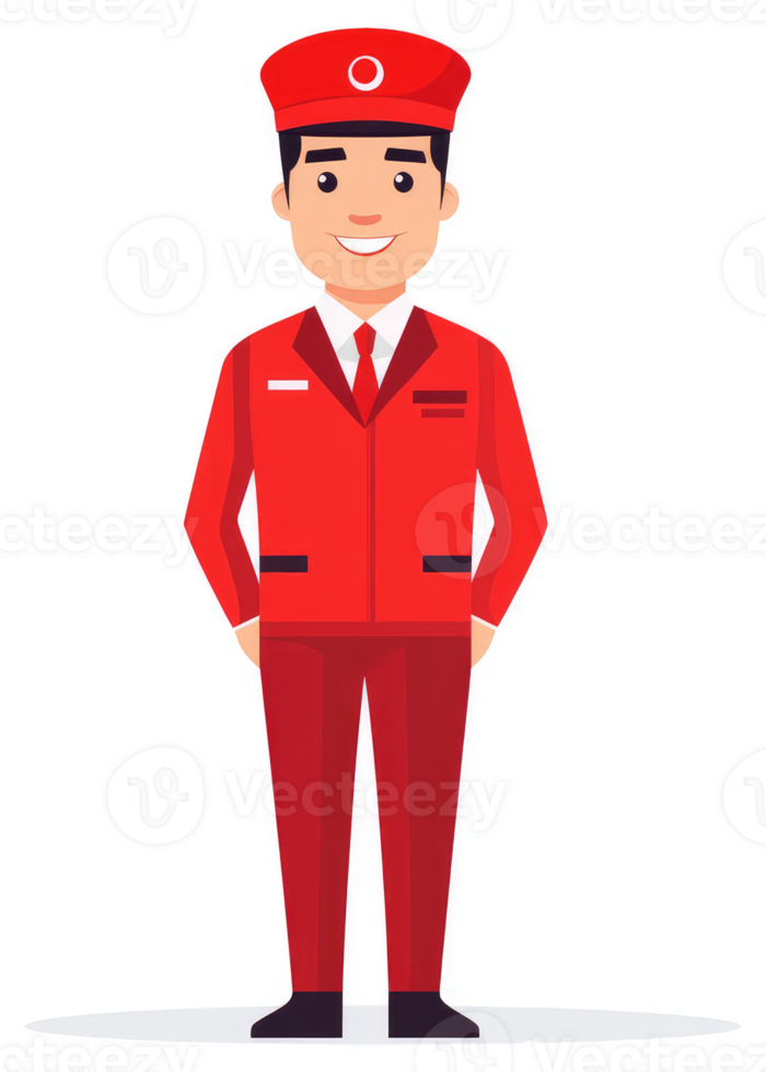 A friendly staff member in a vibrant red uniform. png
