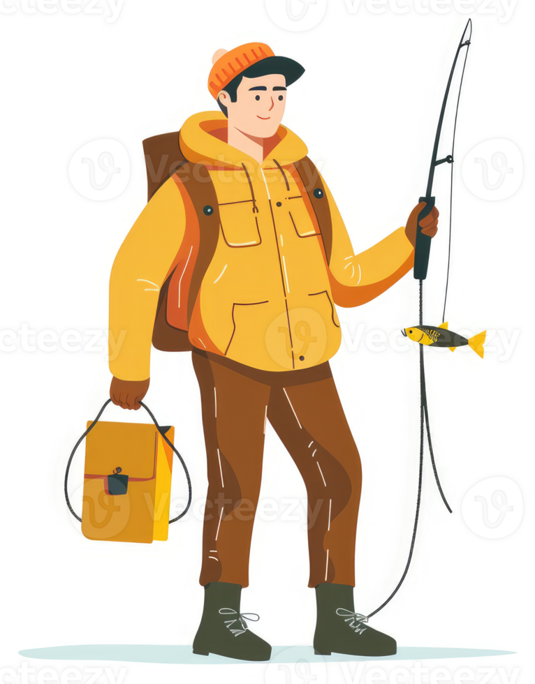 A smiling man in warm clothing, holding a fishing rod and a caught fish. png