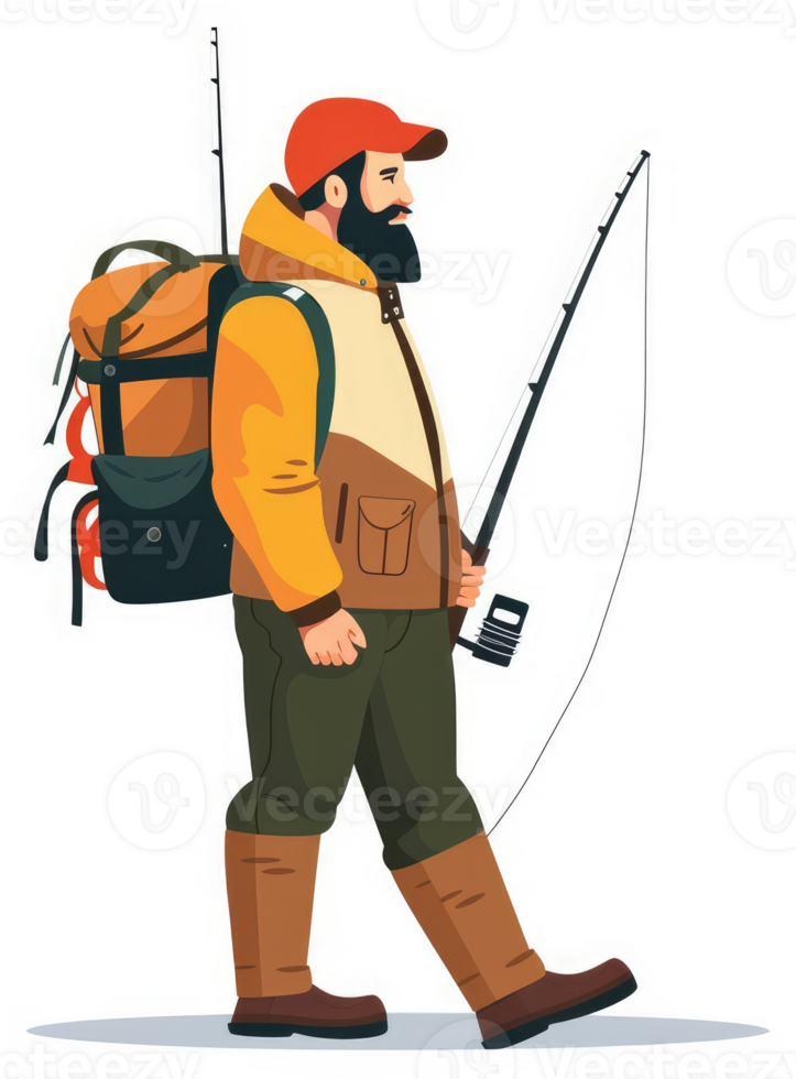 A bearded fisherman with a backpack and fishing rod, ready for an outdoor adventure. png