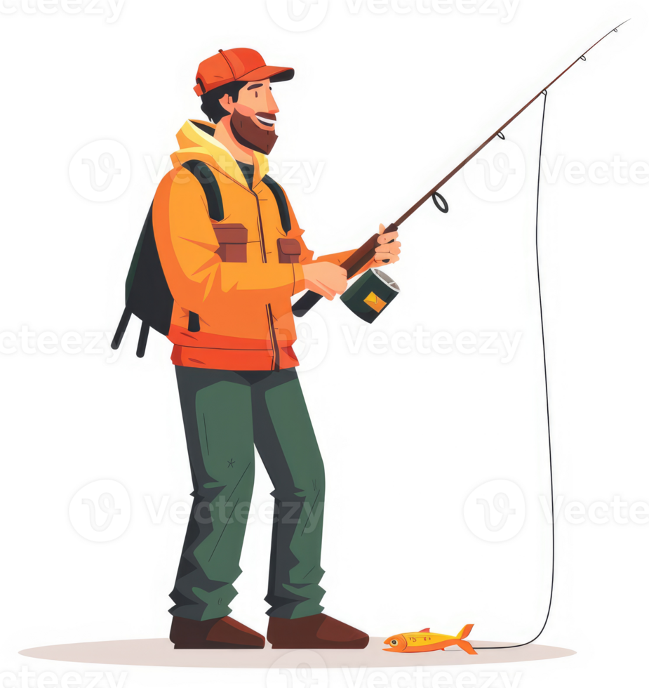 A smiling man in an orange jacket fishes with a fishing rod. png