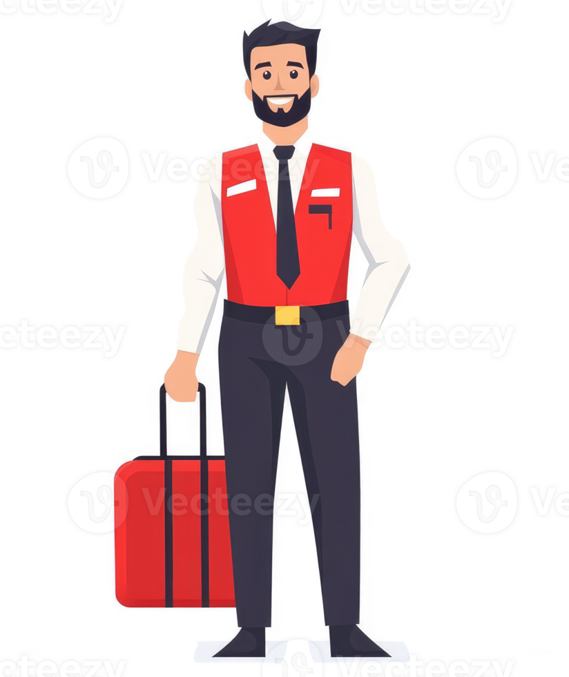 A smiling airport staff member carrying a suitcase. png