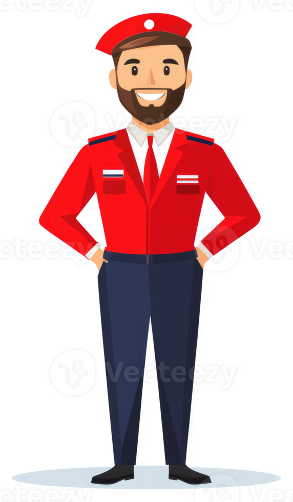 A smiling, uniformed man in a red and navy uniform. png