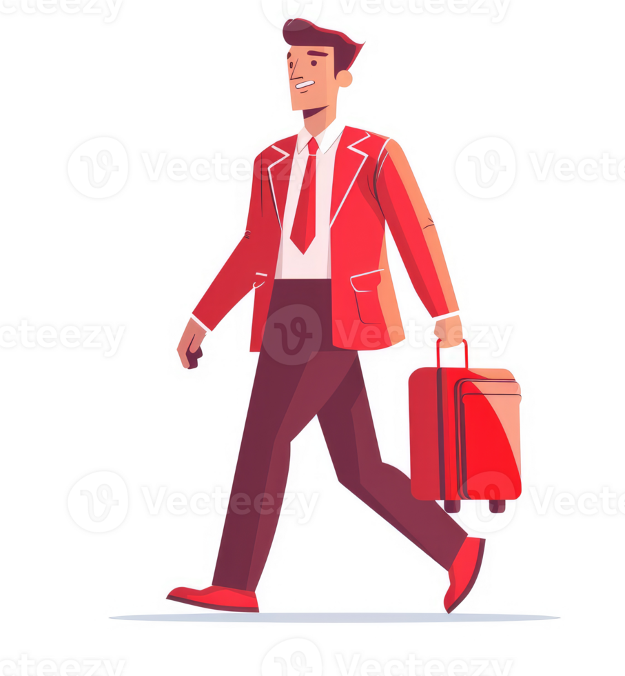 A man in a red suit carrying a red suitcase is walking. png