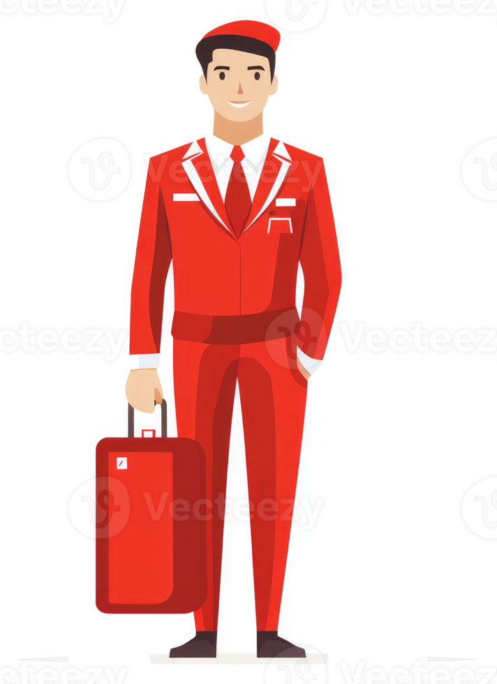 A friendly airport baggage handler in a red uniform. png