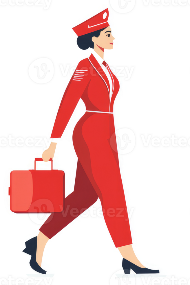 A female flight attendant in red uniform carrying a suitcase. png
